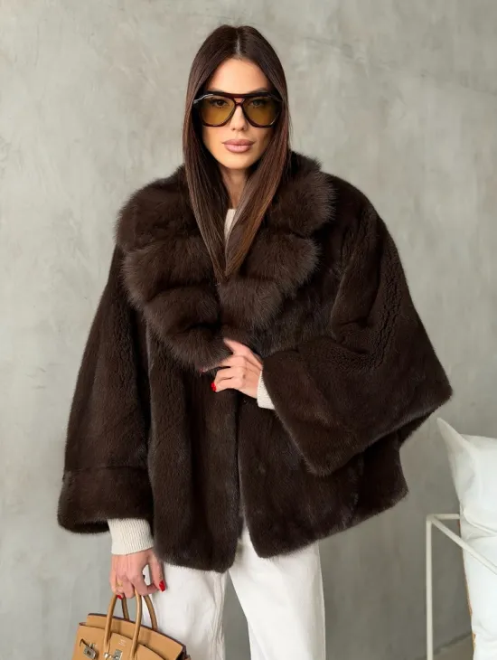 Короткий норковый жакет с воротником из куницы - фото 0