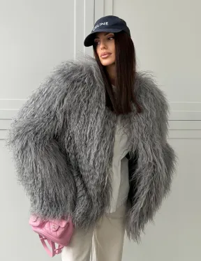 Серая шуба из натурального меха ламы - фото 12