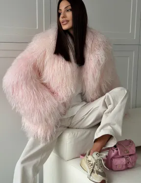 Шуба из меха ламы - цвет розовый - фото 3