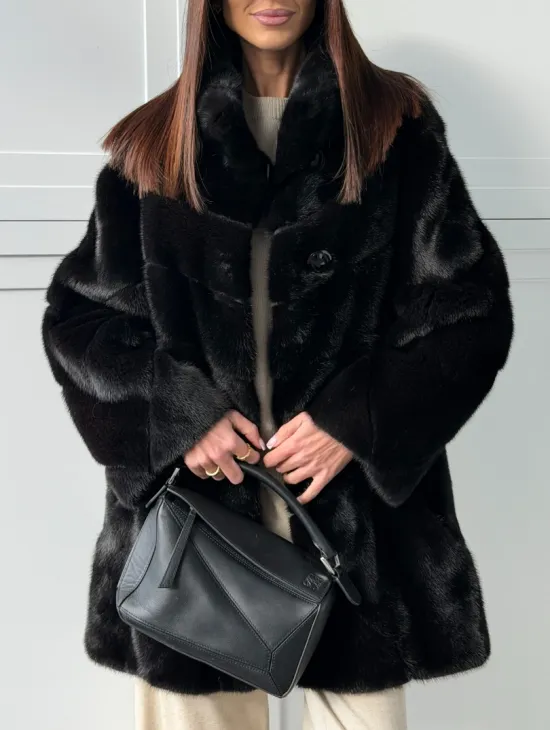 Черная норковая шуба - стойка воротник - фото 2