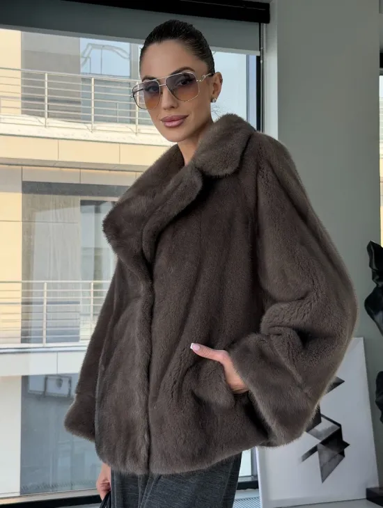 Короткий норковый полушубок - английский воротник - фото 7