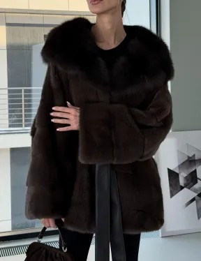 Норковая шуба кимоно с капюшоном куница - фото 5