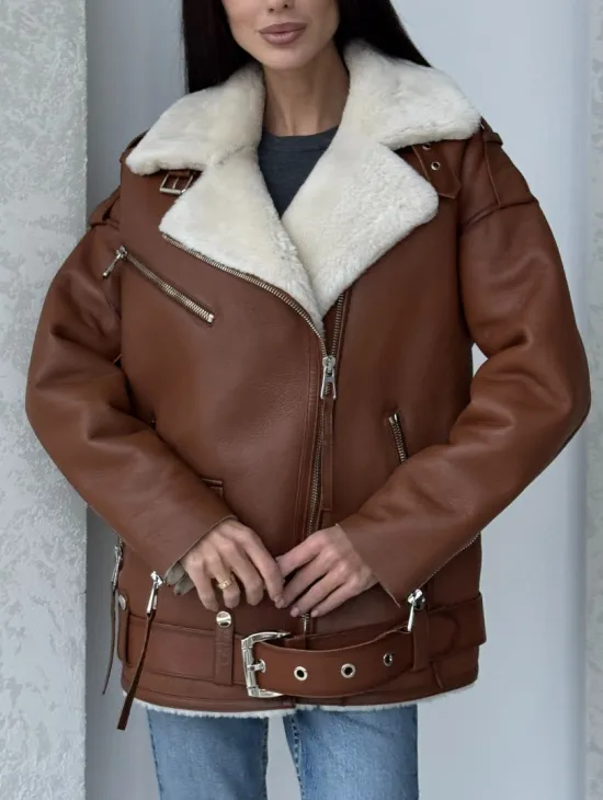 Дубленка авиатор из натуральной кожи в цвете виски - фото 5