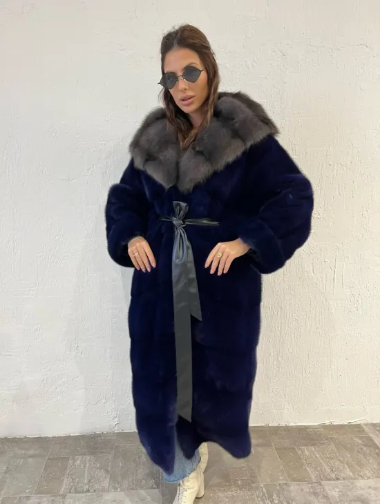 Шуба из меха норки с капюшоном куница - цвет электрик - фото 6