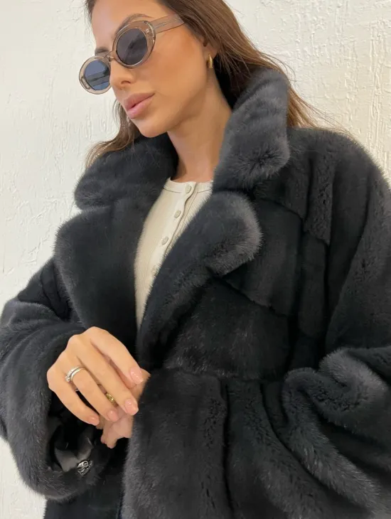 Шуба норковая с английским воротником - цвет графит - фото 1