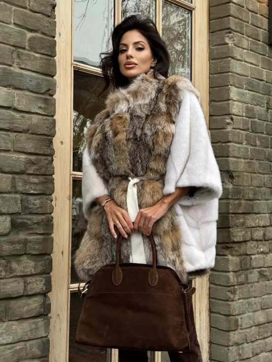 Норковая шуба летучая мышь, отделка из меха рыси - фото 6