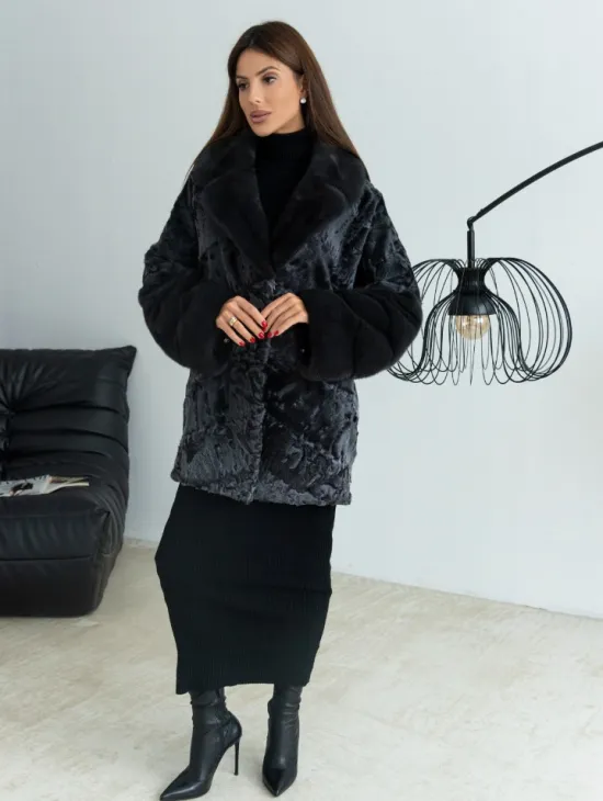 Графит полушубок из каракульчи с отделкой из меха норки - фото 1