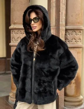Черная норковая шуба с капюшоном - фото 8
