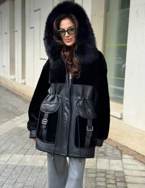 Черная дубленка с капюшоном - фото 4