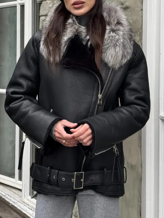Дубленка из натуральной овчины с воротником чернобурой лисы - фото 3