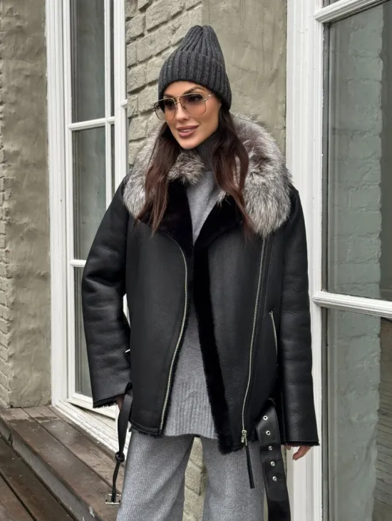 Дубленка из натуральной овчины с воротником чернобурой лисы - фото 0