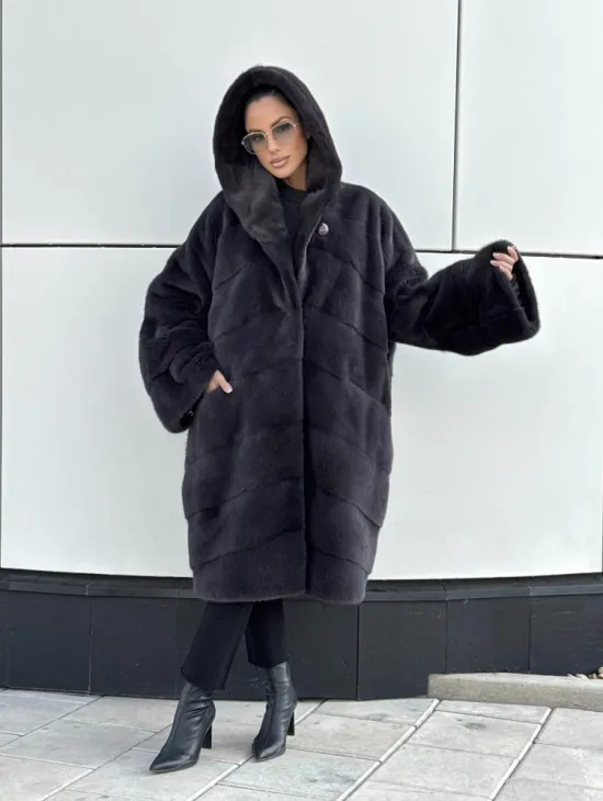 Норковая шуба паркет с капюшоном - цвет блю ирис - фото 6