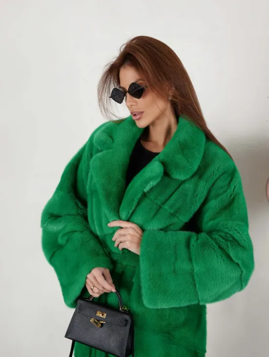 Норка паркет кимоно английский воротник - светлый изумруд - фото 1