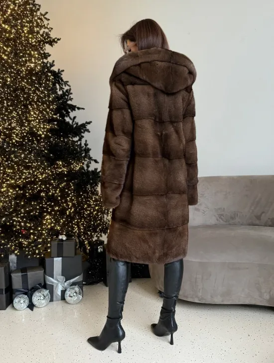 Норковая шуба с капюшоном в цвете орех - фото 4