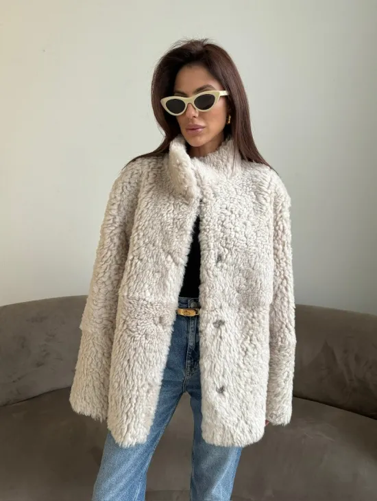 Дубленка двусторонняя из натурального меха тиградо - стойка воротник - фото 5