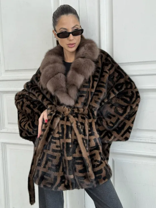 Норка летучая мышь воротник из меха куницы, принт - цвет соболь - фото 0