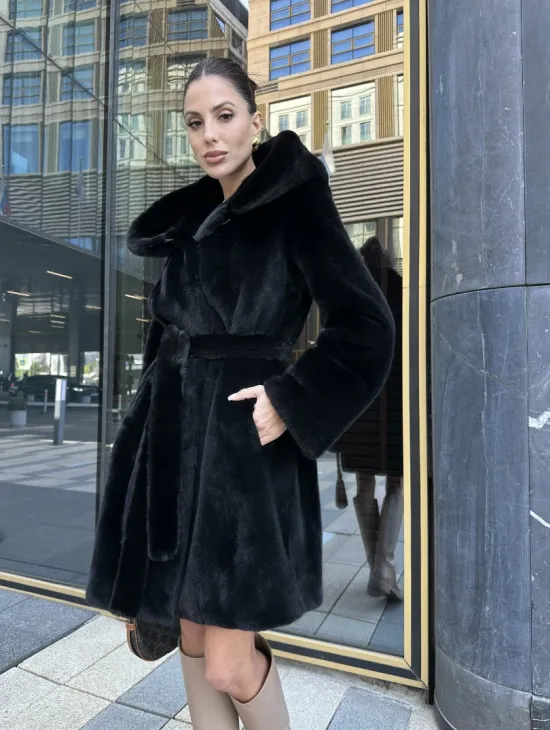 Шуба норковая с капюшоном, мех BLACKGLAMA - фото 5