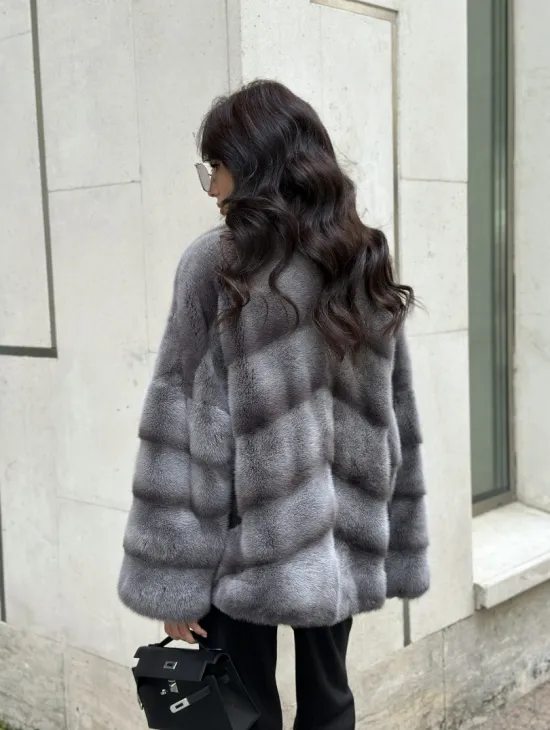 Норковый полушубок с английским воротником - цвет Platinum - фото 7